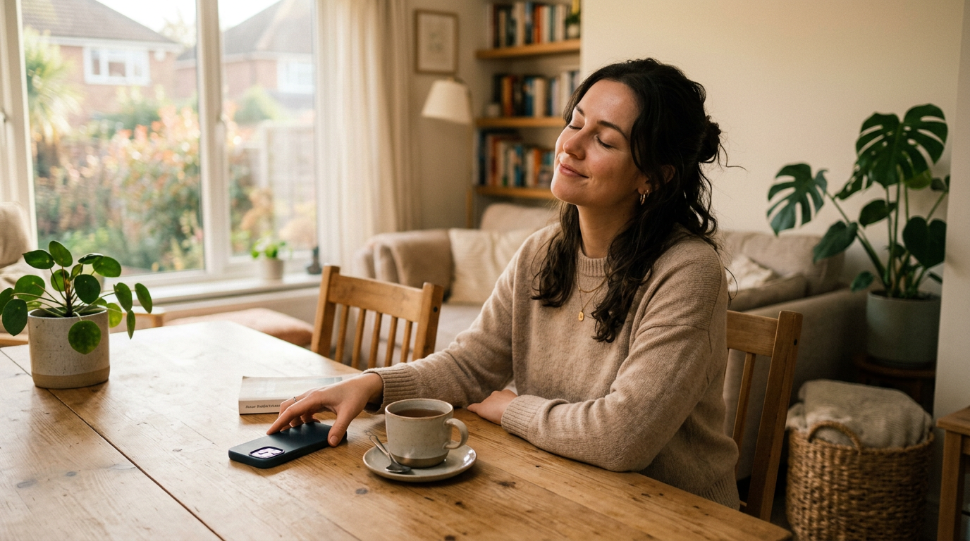 Frau legt Smartphone zur Seite