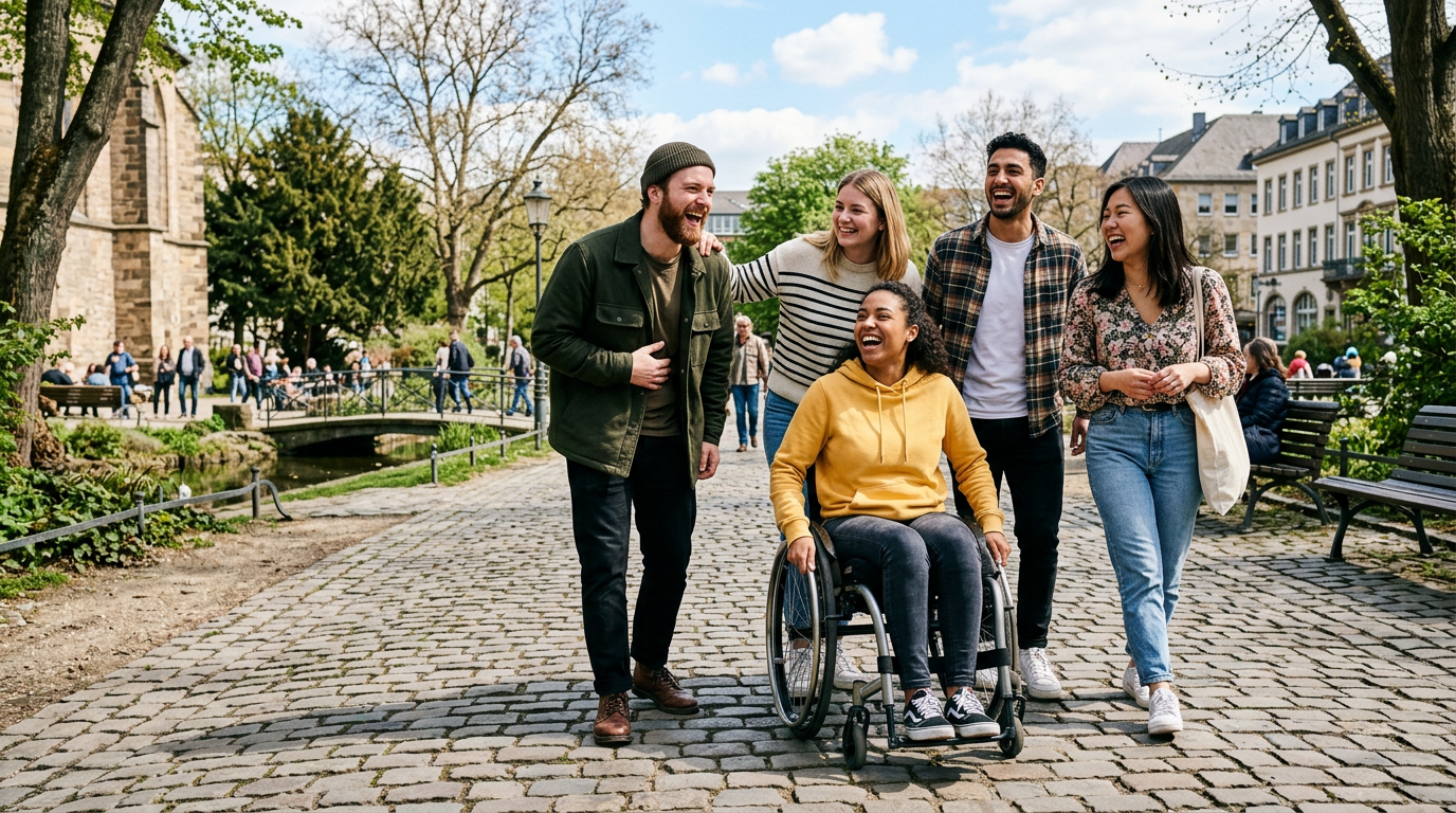 Freunde im Park, eine Person im Rollstuhl